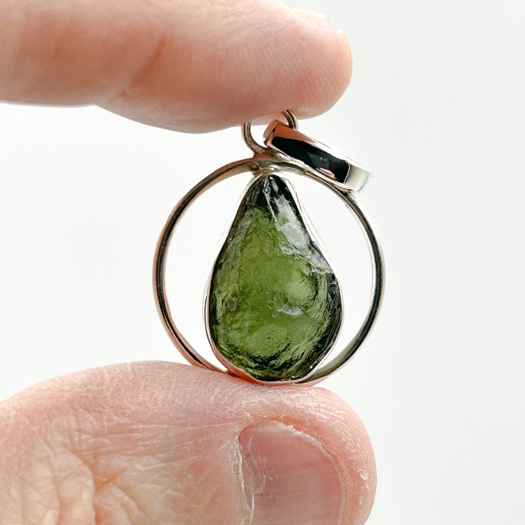 Moldavite Sterling Silver Circle Style Tektite Pendant ( 2 )