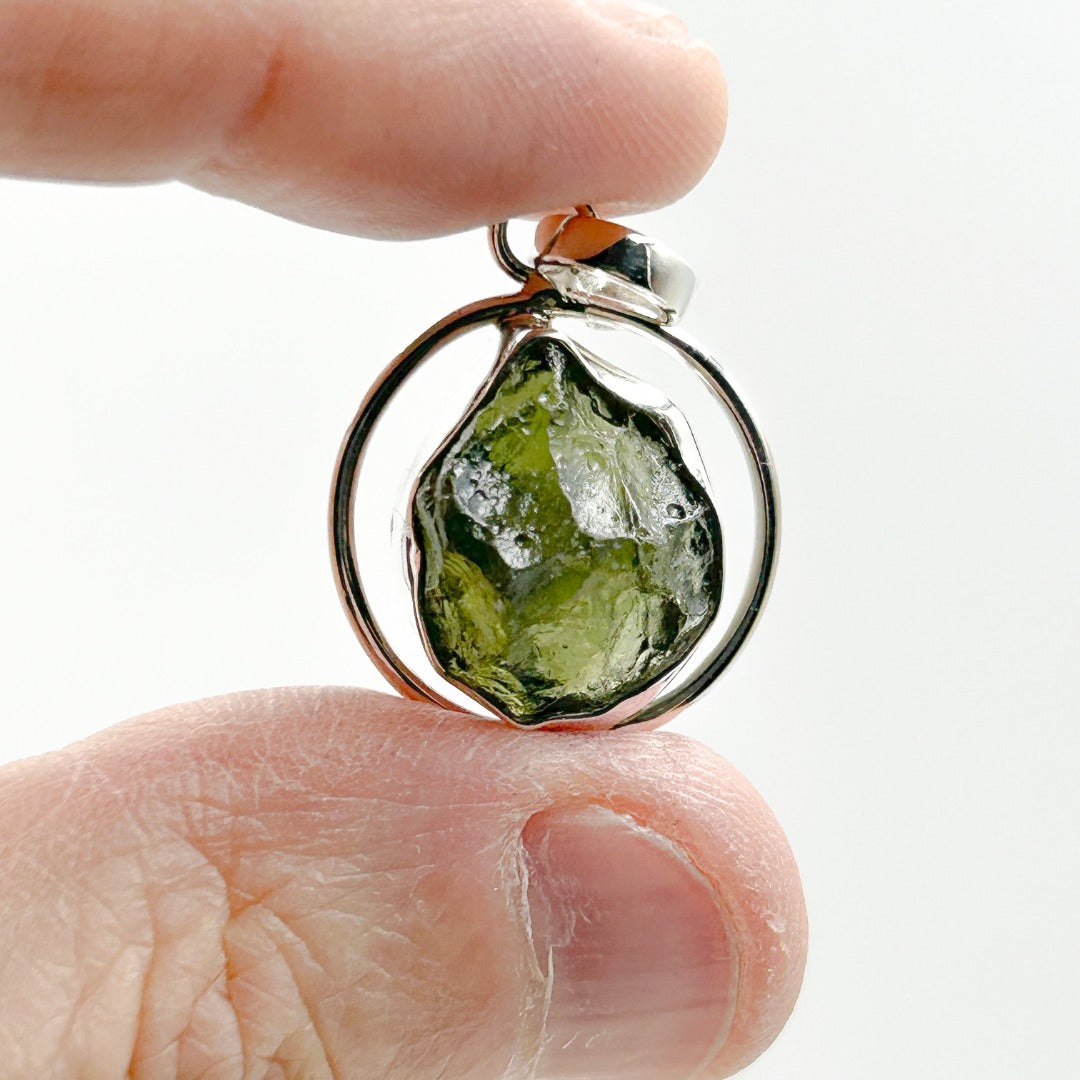 Moldavite Sterling Silver Circle Style Tektite Pendant ( 3 )