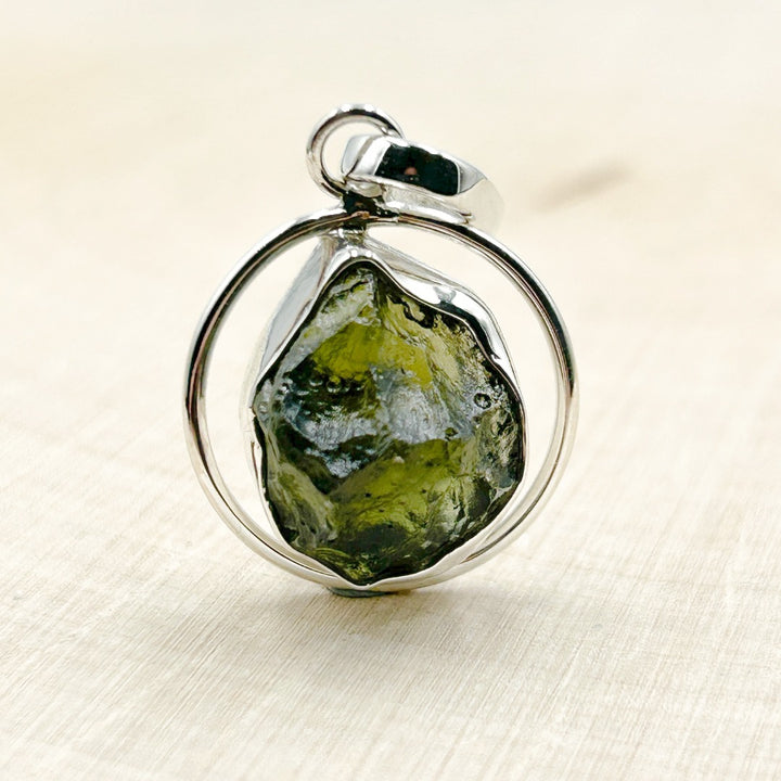 Moldavite Sterling Silver Circle Style Tektite Pendant ( 3 )