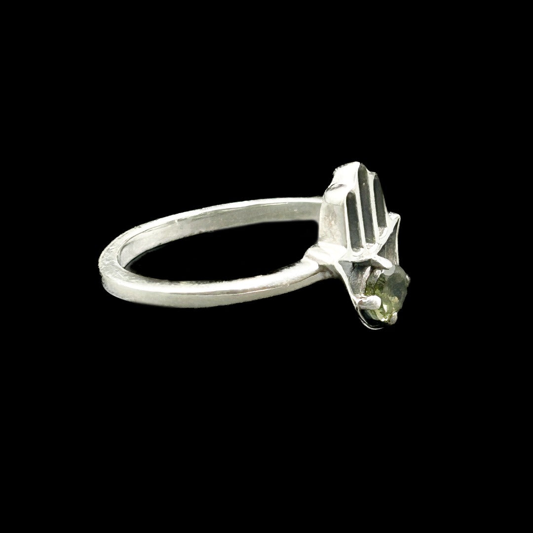 Moldavite Hamsa Hand 4mm Sterling Silver Ring Size 9