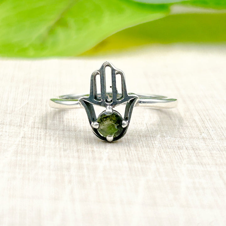 Moldavite Hamsa Hand 4mm Sterling Silver Ring Size 9