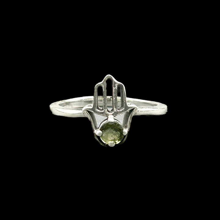 Moldavite Hamsa Hand 4mm Sterling Silver Ring Size 9