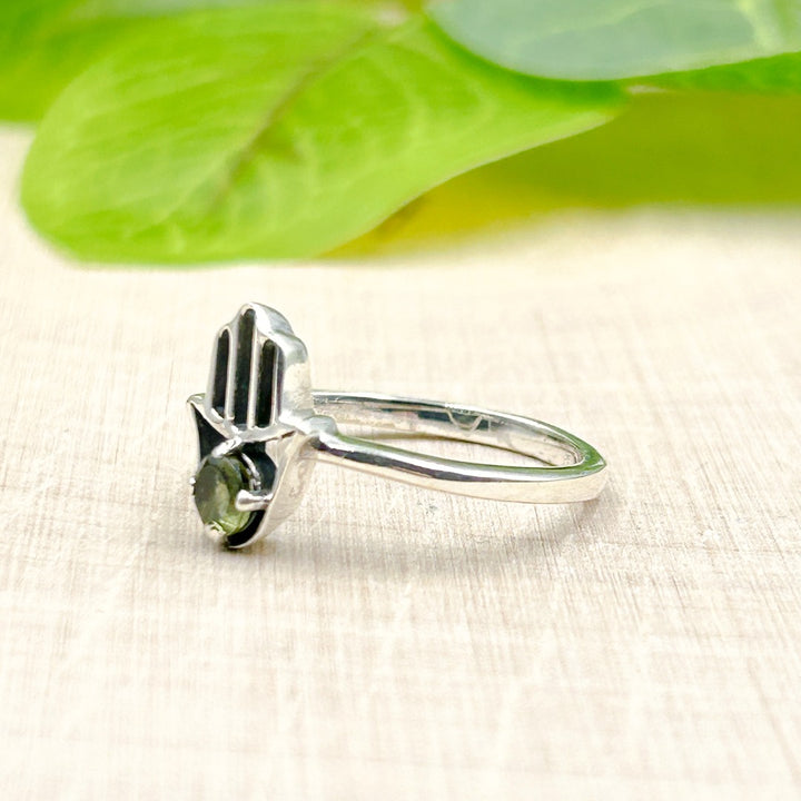 Moldavite Hamsa Hand 4mm Sterling Silver Ring Size 9