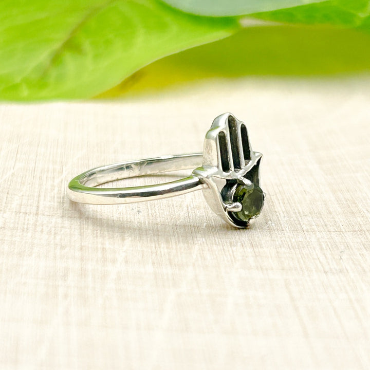 Moldavite Hamsa Hand 4mm Sterling Silver Ring Size 9