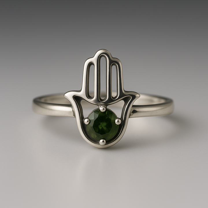 Moldavite Hamsa Hand 4mm Sterling Silver Ring Size 8