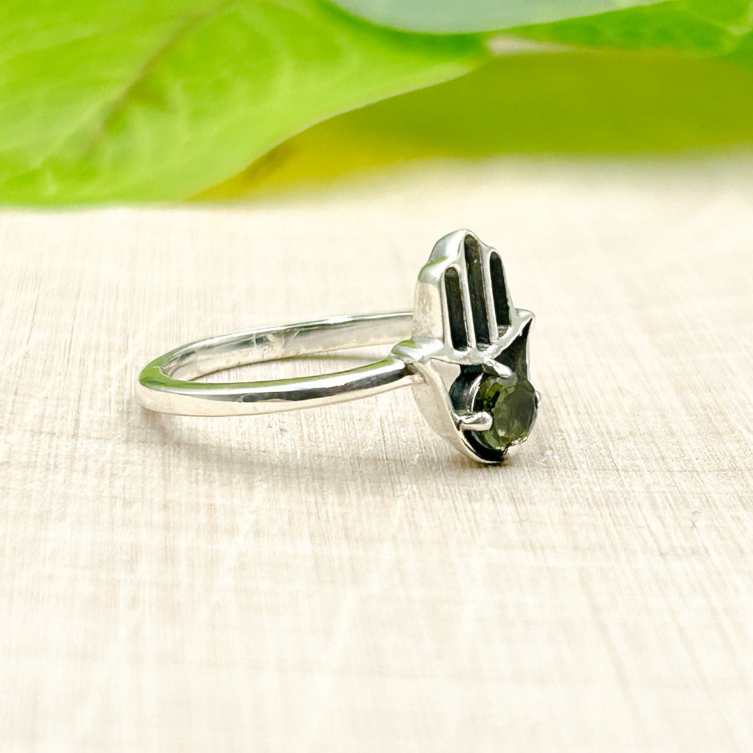 Moldavite Hamsa Hand 4mm Sterling Silver Ring Size 8