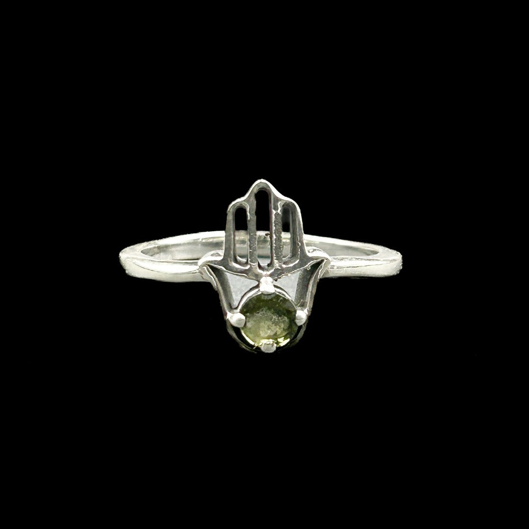 Moldavite 4mm Hamsa Hand Sterling Silver Ring Size 7