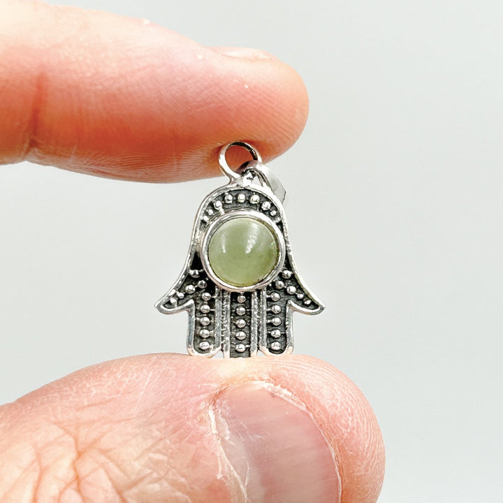 Moldavite Polished 6mm Hamsa Hand Sterling Silver Pendant  ( HP1 )