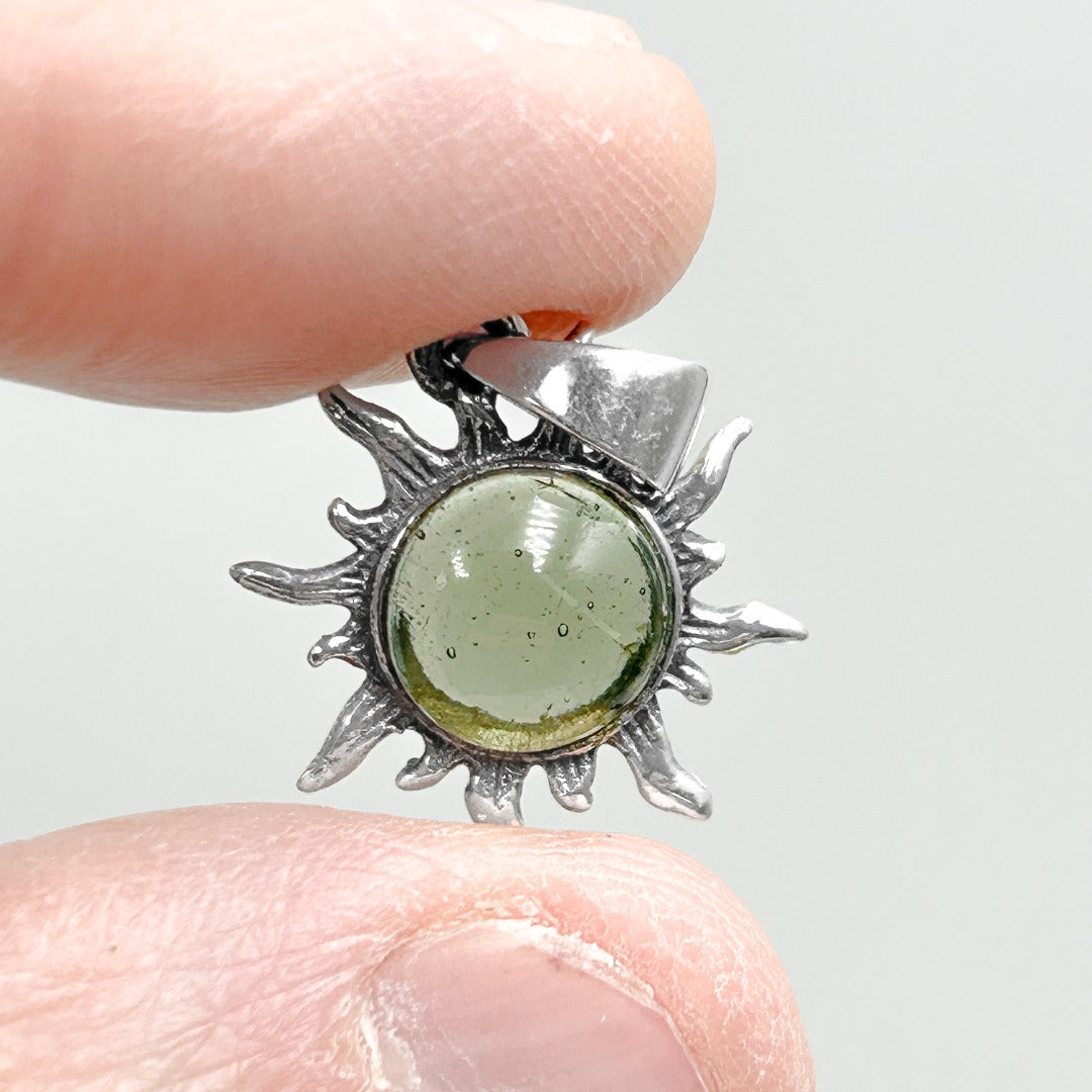 Moldavite Polished 8mm Sun Sterling Silver Pendant  ( SP1 )