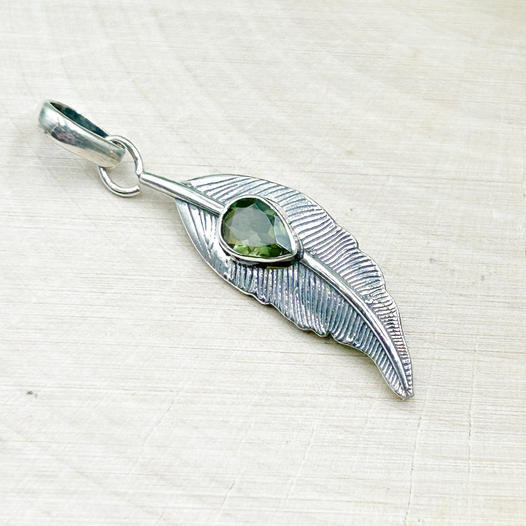 Moldavite Polished 8mm Feather Sterling Silver Pendant  ( FP1 )