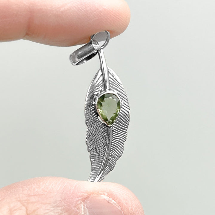 Moldavite Polished 8mm Feather Sterling Silver Pendant  ( FP1 )