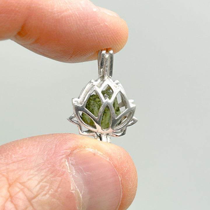 Moldavite Tektite Lotus Flower Sterling Silver Pendant ( LF1 )