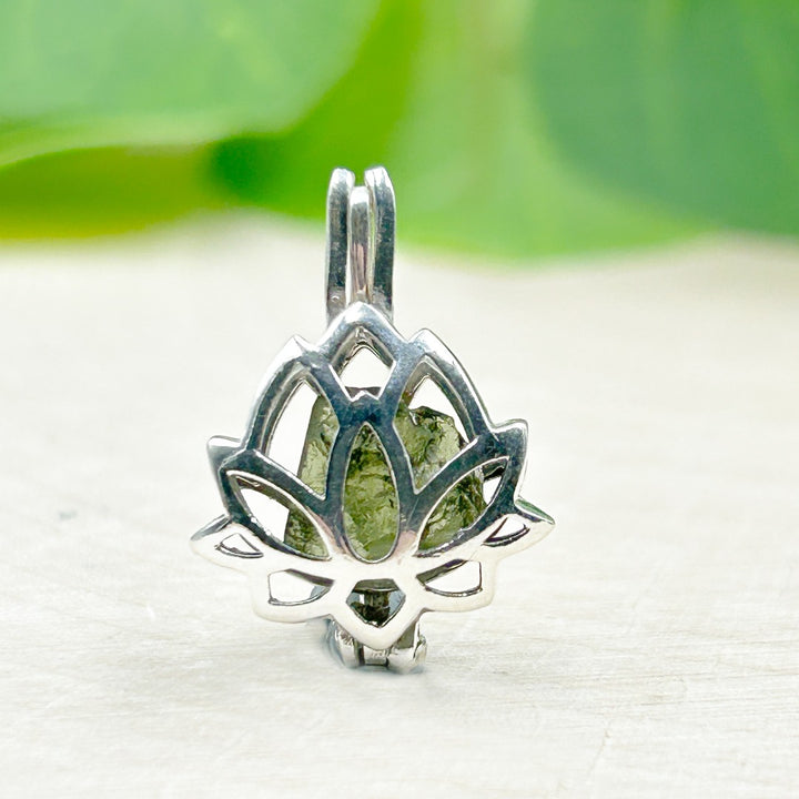 Moldavite Tektite Lotus Flower Sterling Silver Pendant ( LF1 )