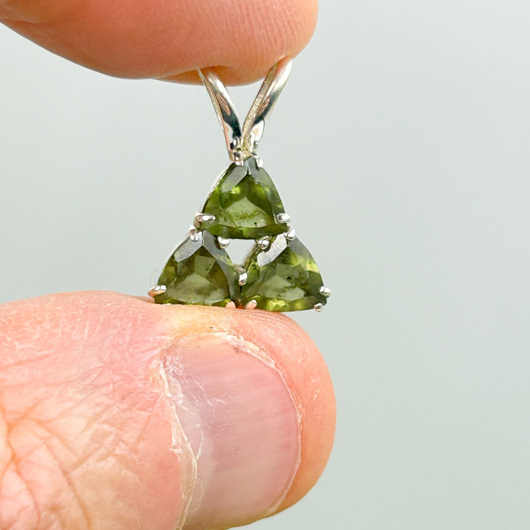 Moldavite Trillions Polished Sterling Silver Pendant ( T2 )