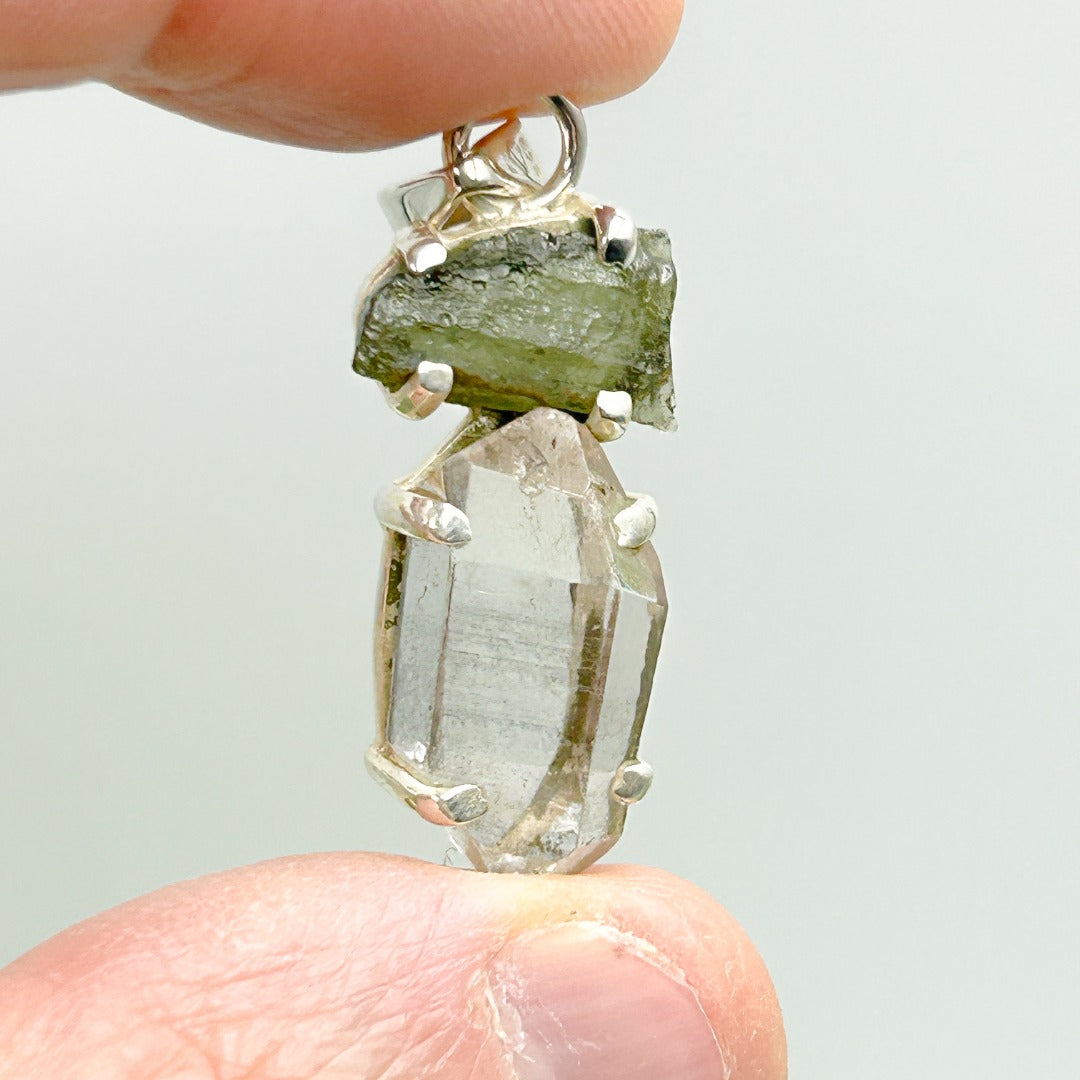 Moldavite Herkimer Diamond Sterling Silver Pendant  ( 3 )