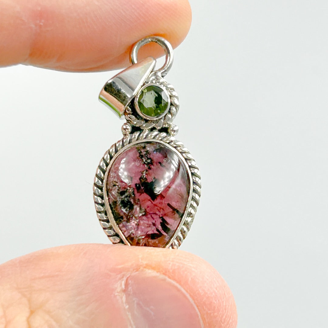 Moldavite Tourmaline Sterling Silver Pendant ( 2 )