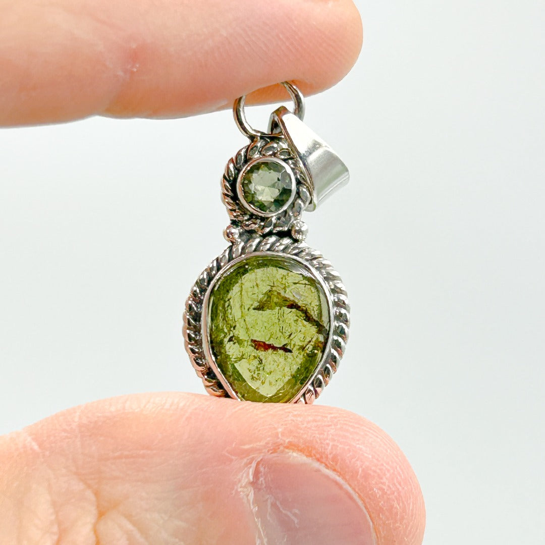 Moldavite Tourmaline Sterling Silver Pendant ( 3 )