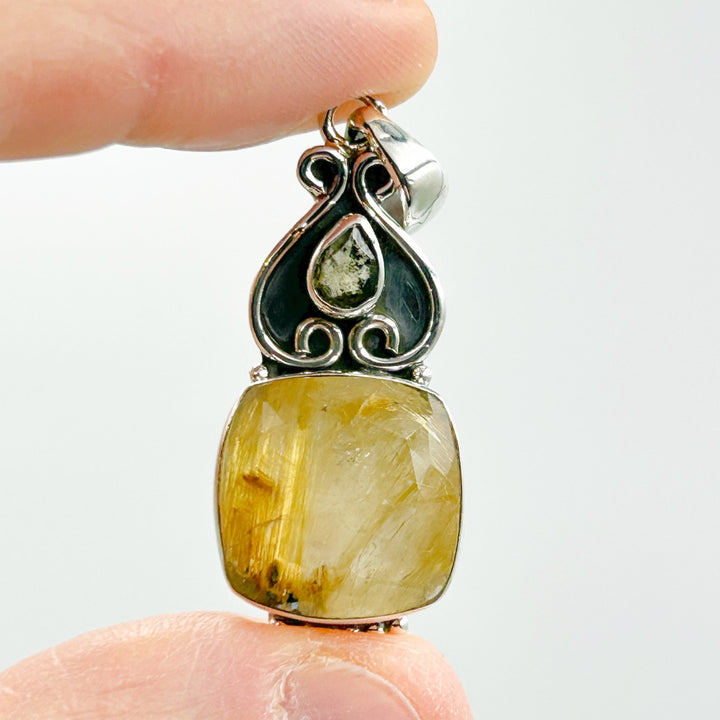 Moldavite Golden Rutile Quartz Sterling Silver Pendant ( P119 )