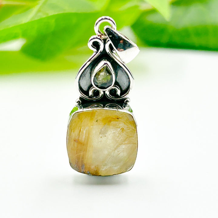 Moldavite Golden Rutile Quartz Sterling Silver Pendant ( P119 )