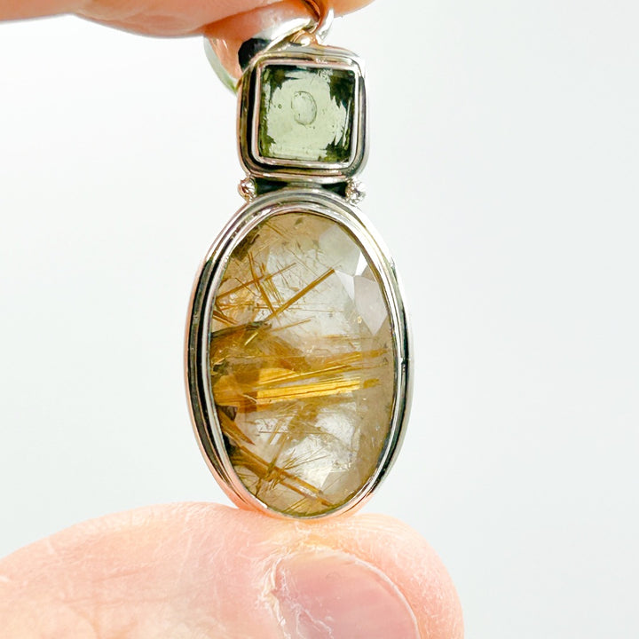 Moldavite Golden Rutile Quartz Sterling Silver Pendant ( P40 )