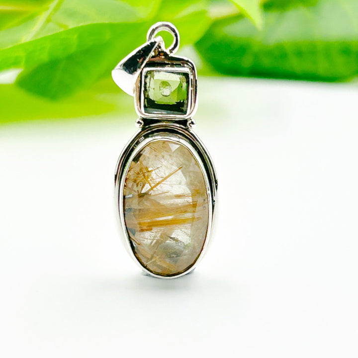 Moldavite Golden Rutile Quartz Sterling Silver Pendant ( P40 )