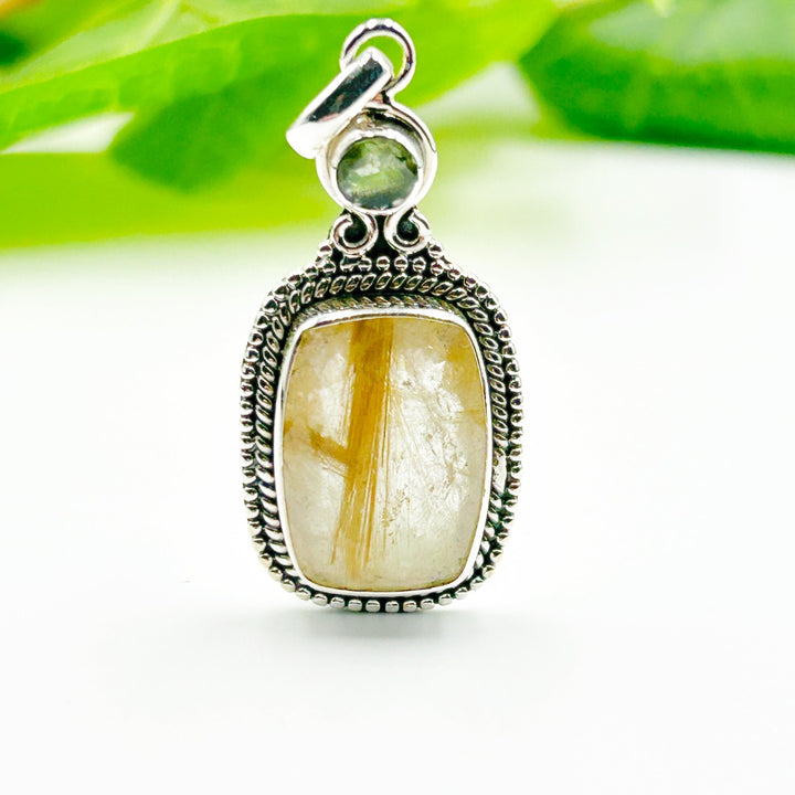 Moldavite Golden Rutile Quartz Sterling Silver Pendant ( P107 )