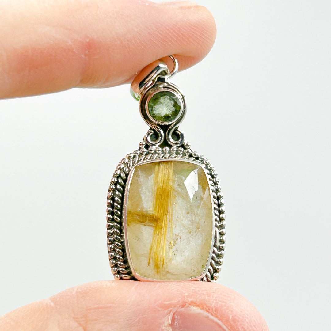 Moldavite Golden Rutile Quartz Sterling Silver Pendant ( P107 )