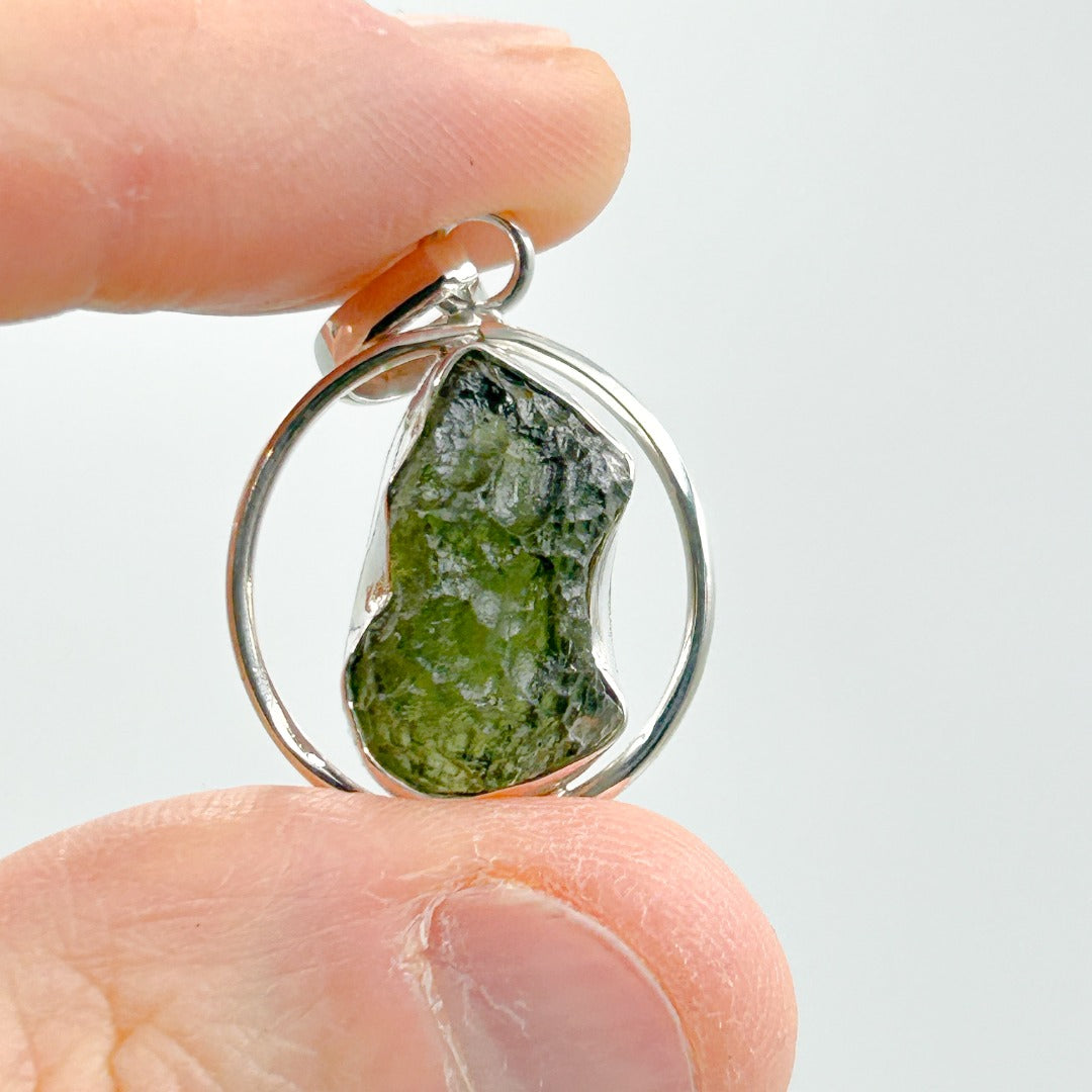 Moldavite Sterling Silver Circle Style Tektite Pendant ( 6 )