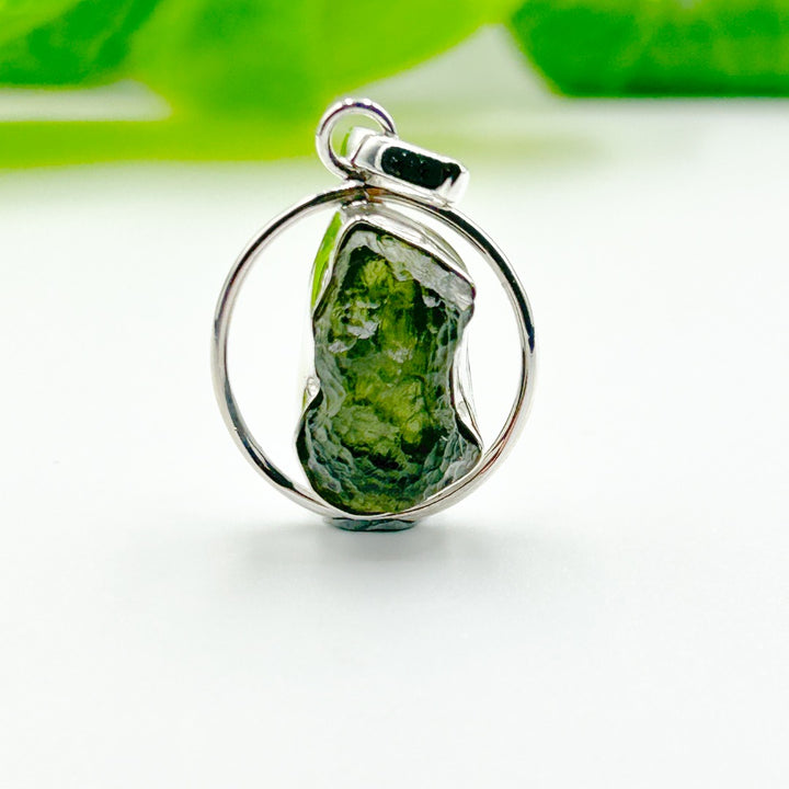 Moldavite Sterling Silver Circle Style Tektite Pendant ( 6 )