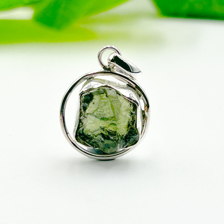 Moldavite Sterling Silver Circle Style Tektite Pendant ( 7 )