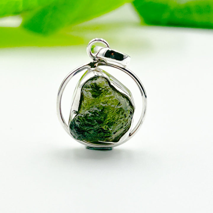 Moldavite Sterling Silver Circle Style Tektite Pendant ( 8 )