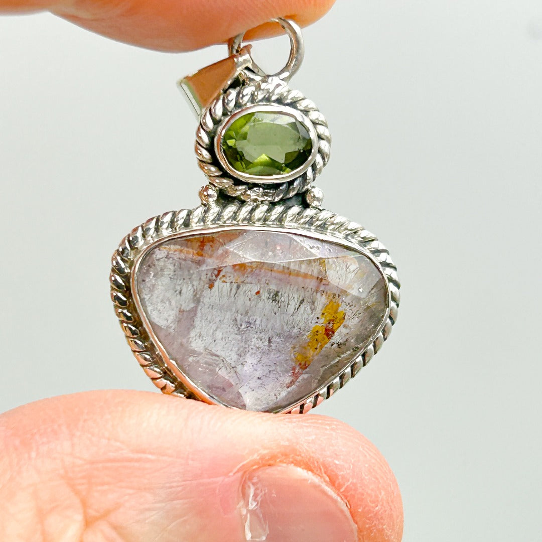 Moldavite Super Seven Faceted Sterling Silver Pendant  ( 6 )