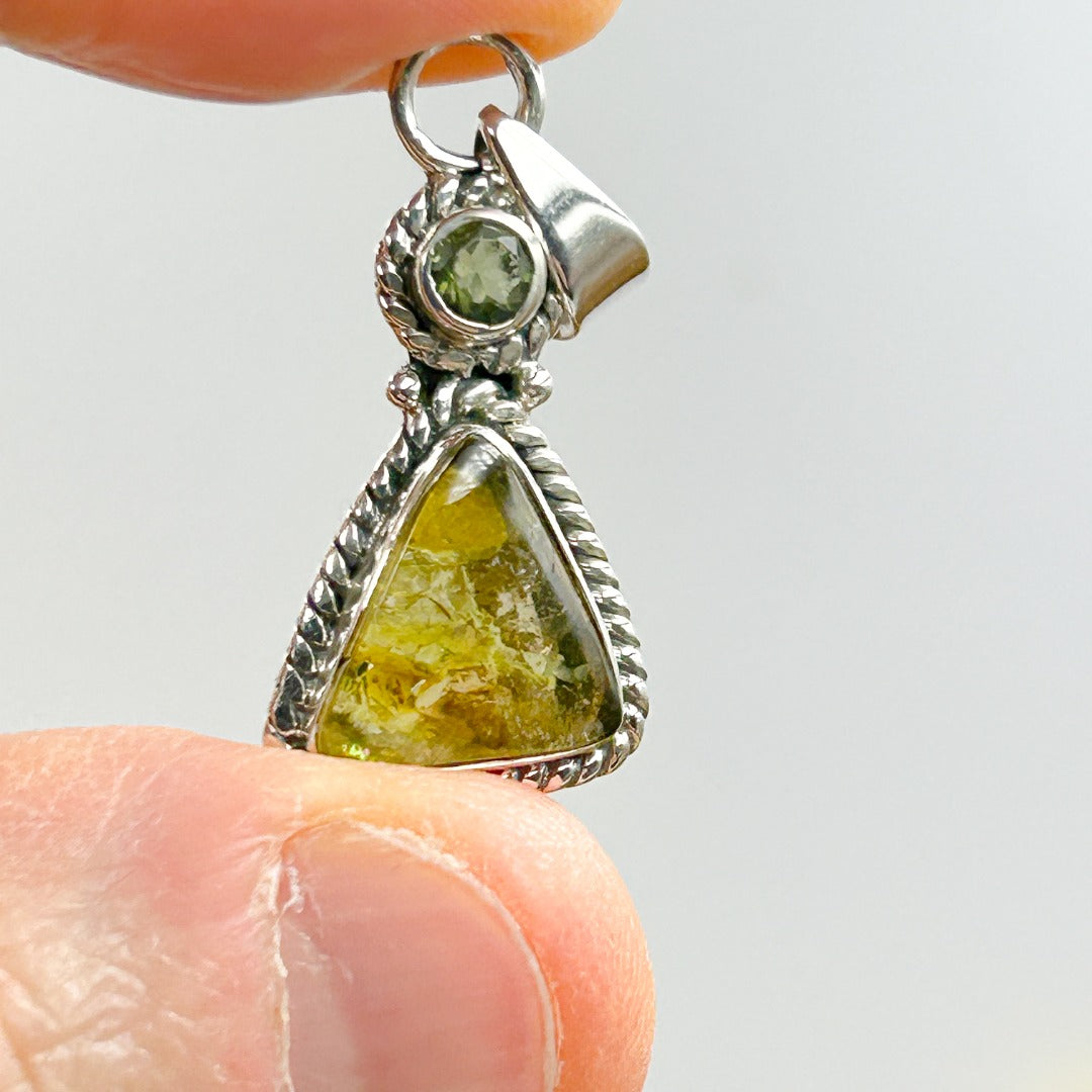 Moldavite Tourmaline Sterling Silver Pendant ( 7 )