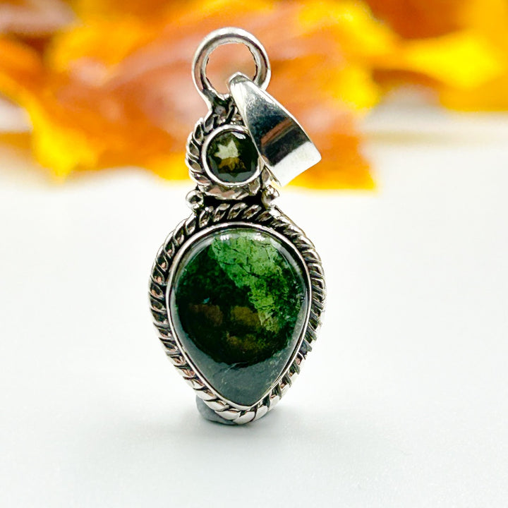 Moldavite Tourmaline Sterling Silver Pendant ( 8 )