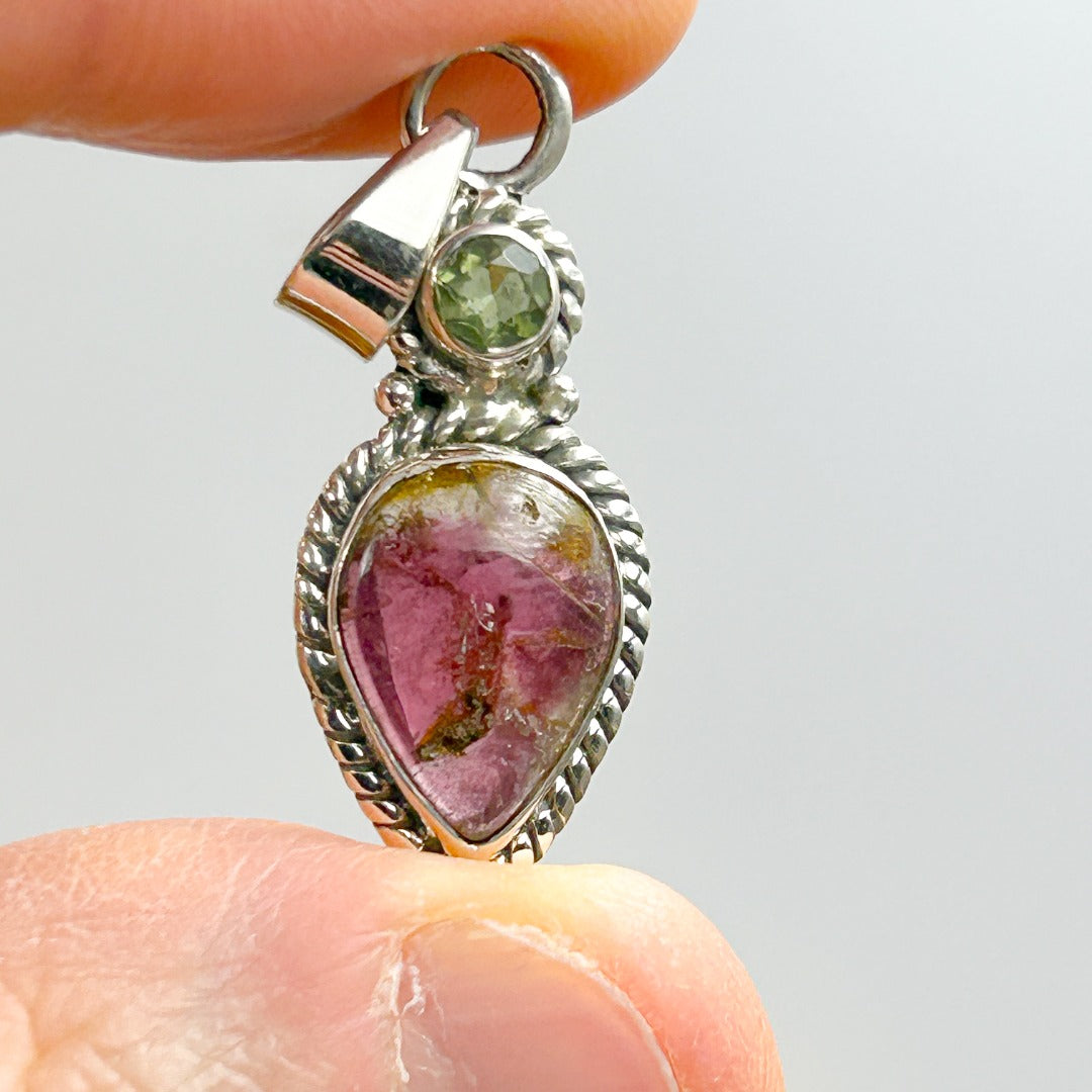 Moldavite Tourmaline Sterling Silver Pendant ( 9 )