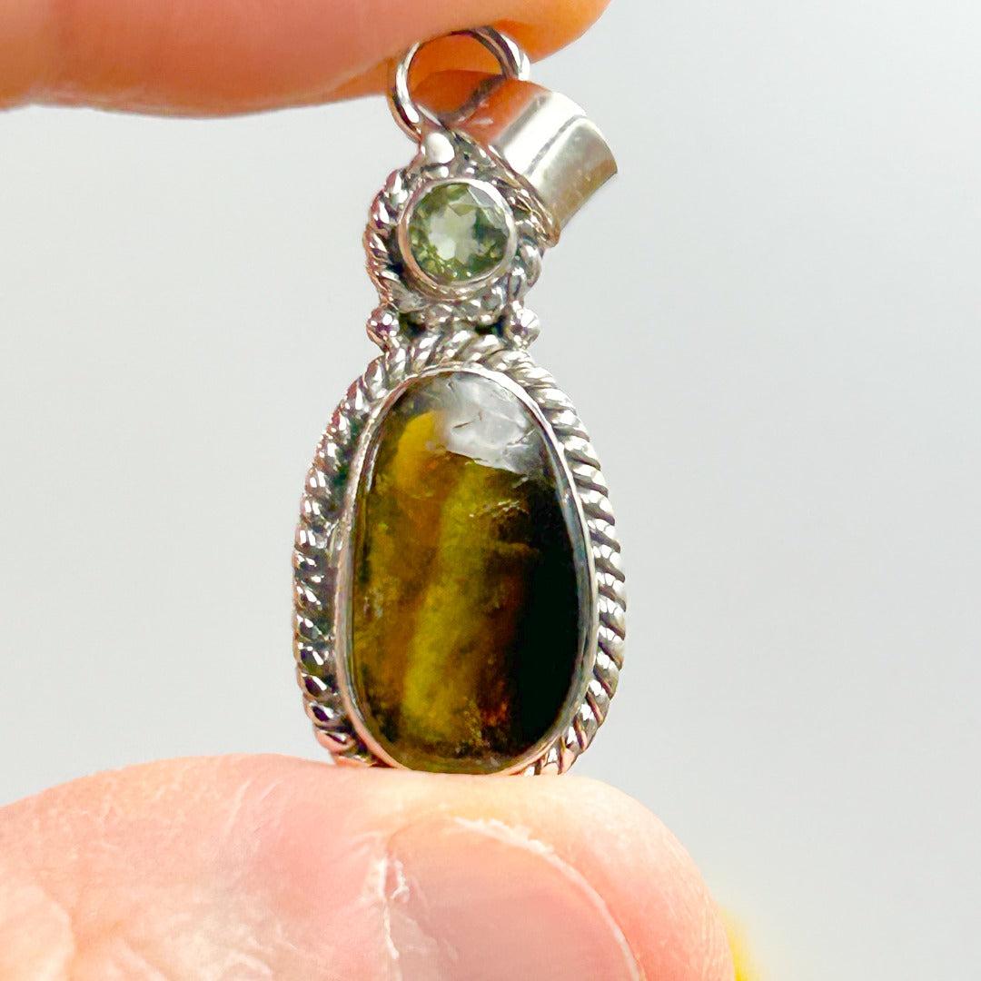 Moldavite Tourmaline Sterling Silver Pendant ( 10 )