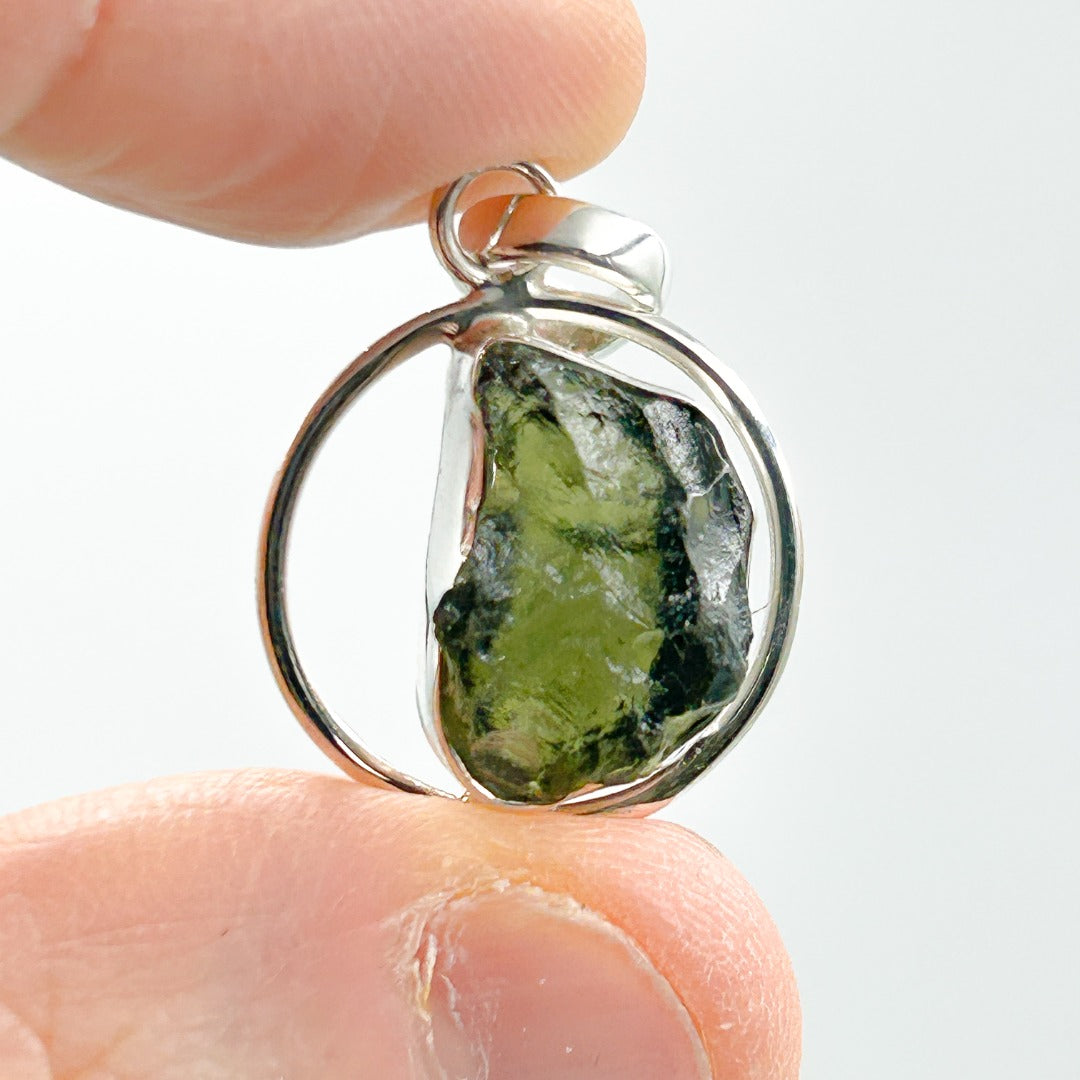 Moldavite Sterling Silver Circle Style Tektite Pendant ( 1 )