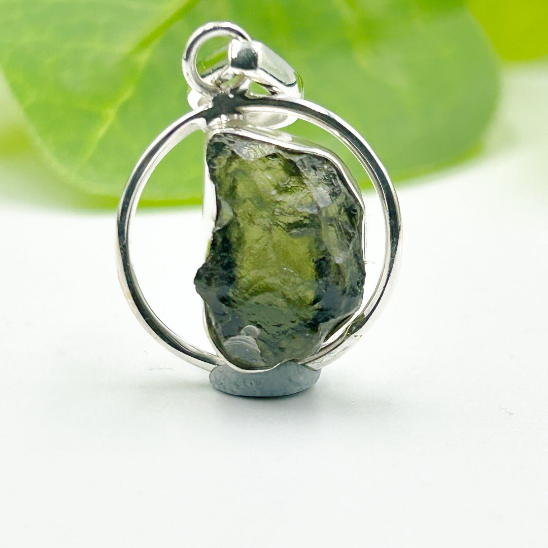 Moldavite Sterling Silver Circle Style Tektite Pendant ( 1 )