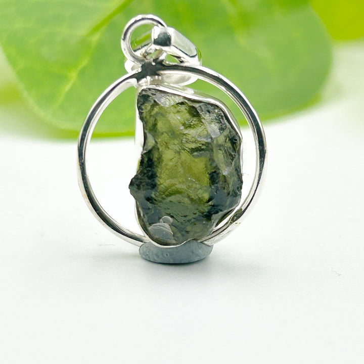 Moldavite Sterling Silver Circle Style Tektite Pendant ( 1 )