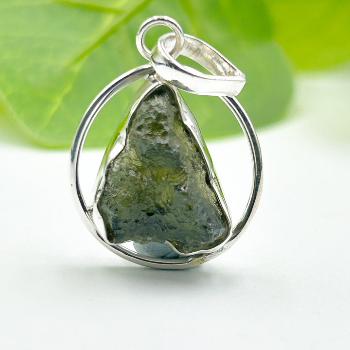 Moldavite Sterling Silver Circle Style Tektite Pendant ( 2 )