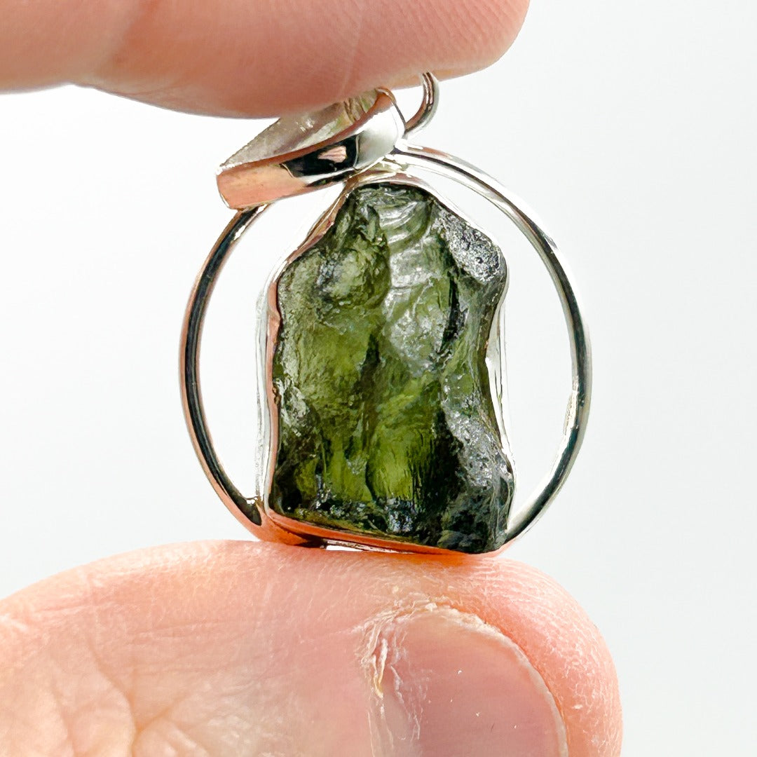 Moldavite Sterling Silver Circle Style Tektite Pendant ( 4 )