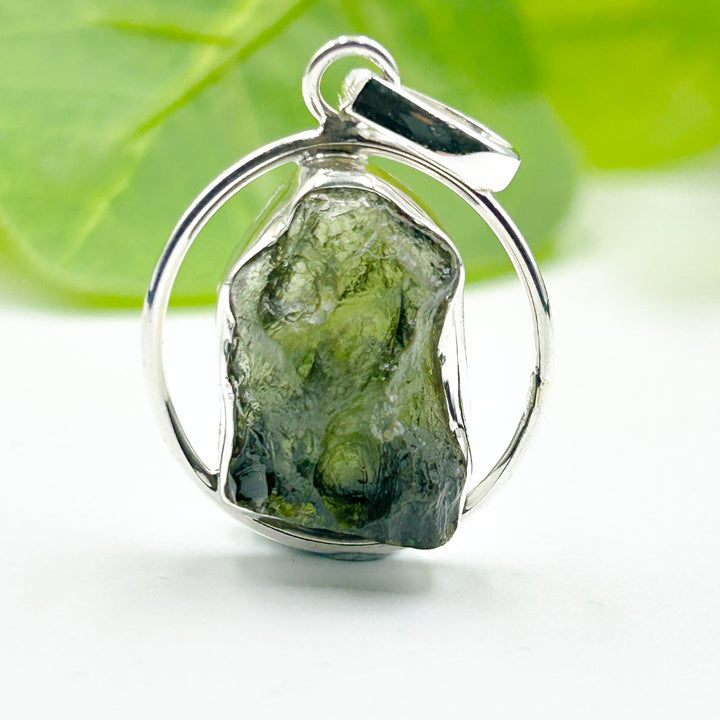 Moldavite Sterling Silver Circle Style Tektite Pendant ( 4 )