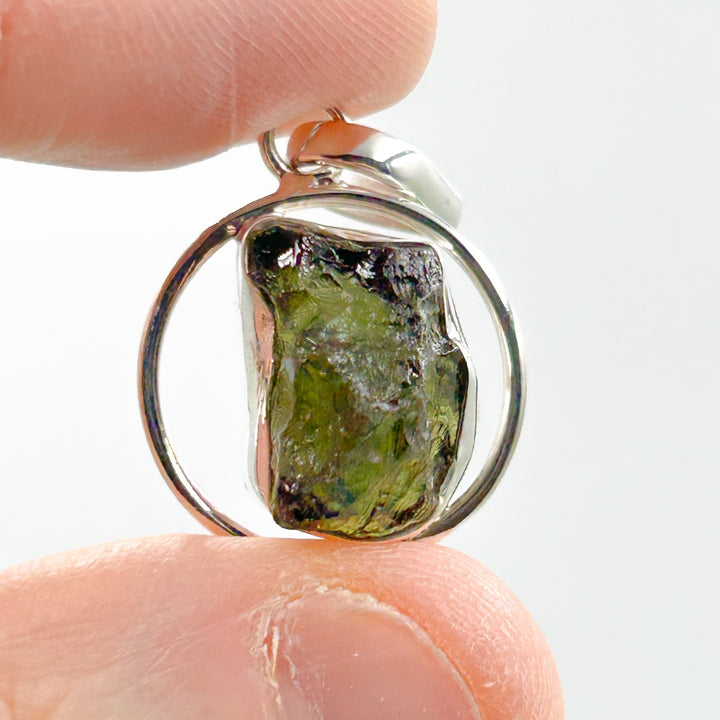 Moldavite Sterling Silver Circle Style Tektite Pendant ( 5 )