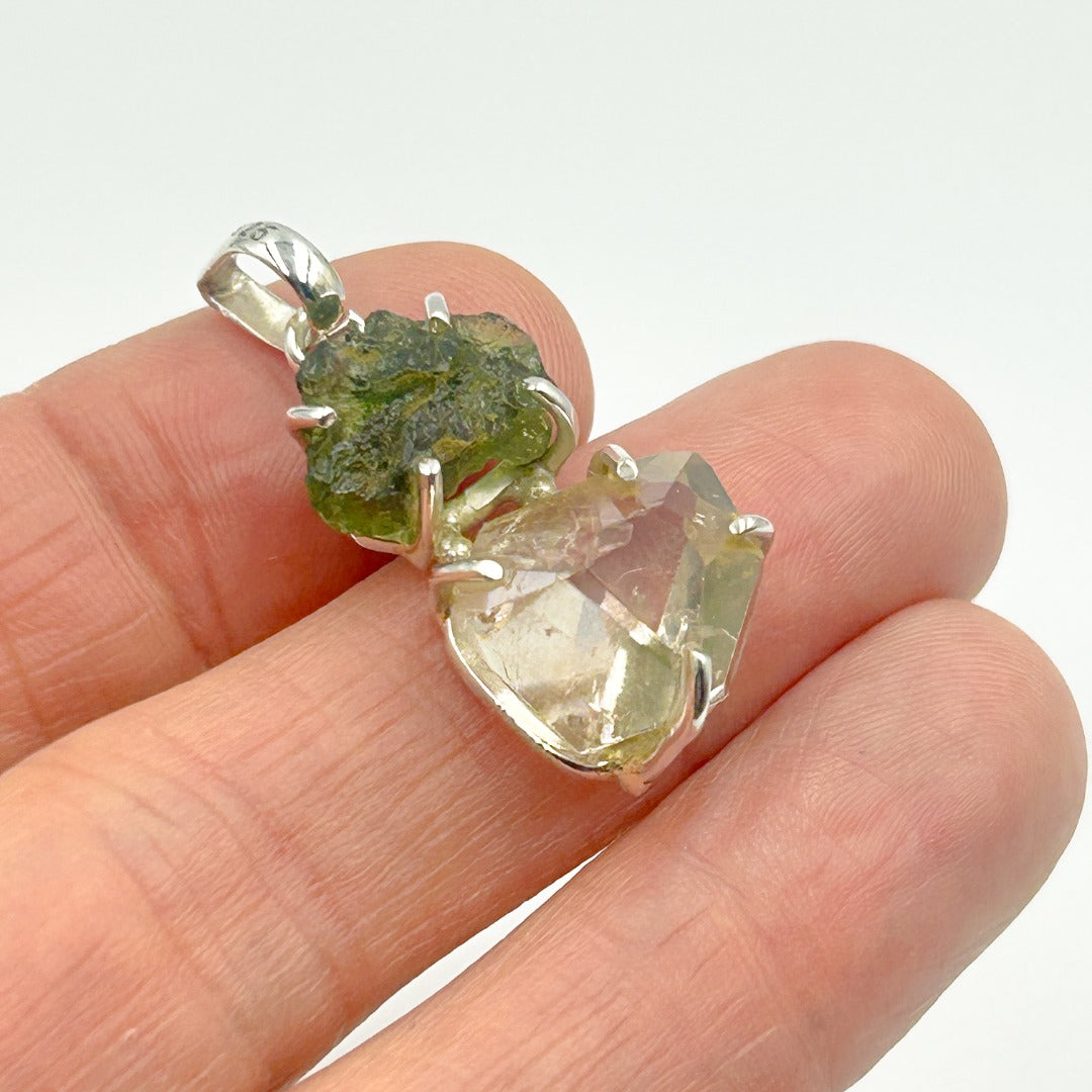 Moldavite Herkimer Diamond Sterling Silver Pendant  ( 1 )