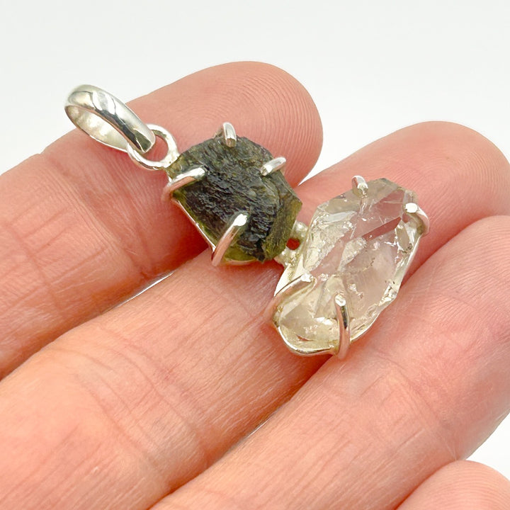 Moldavite Herkimer Diamond Sterling Silver Pendant  ( 2 )