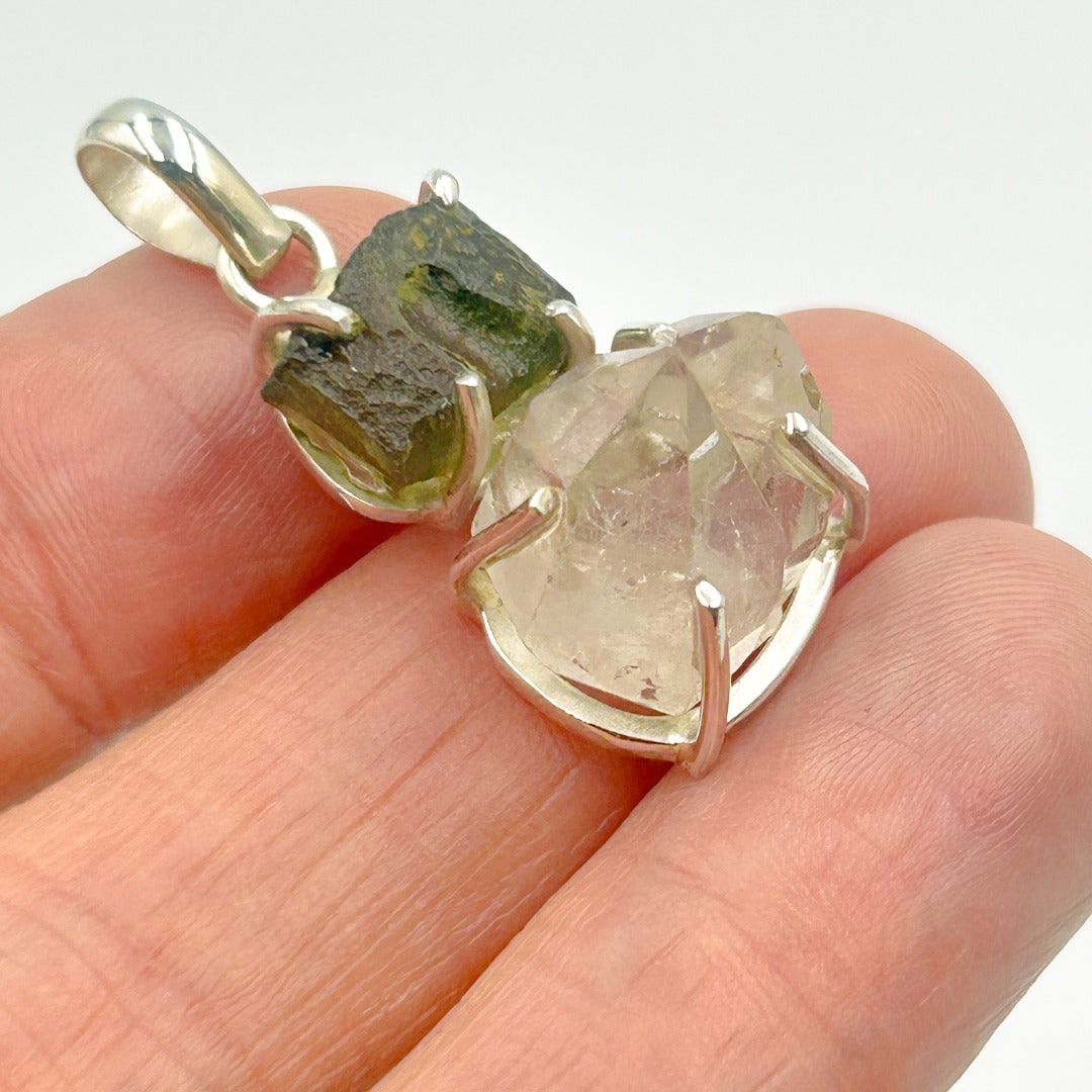 Moldavite Herkimer Diamond Sterling Silver Pendant  ( 3 )