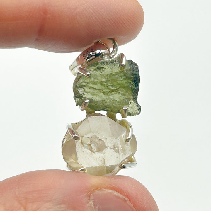 Moldavite Herkimer Diamond Sterling Silver Pendant  ( 4 )