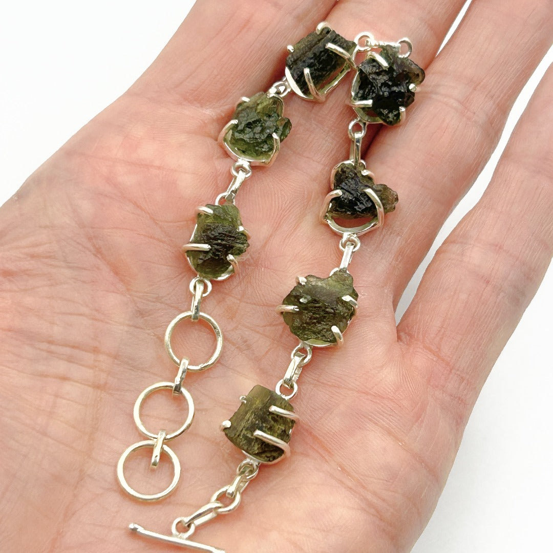 Moldavite Tektite Sterling Silver T Bar Bracelet  ( MB1 )