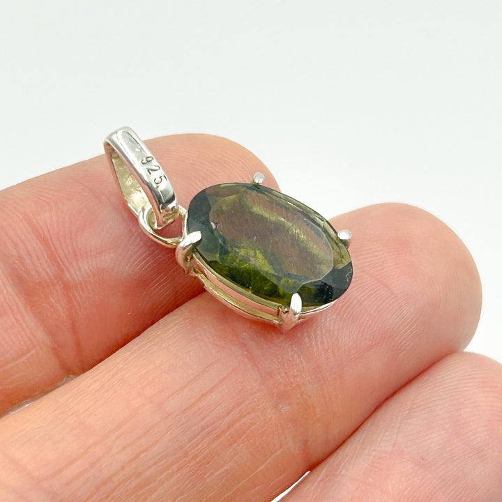 Moldavite Faceted Tektite Sterling Silver Pendant ( 1 )