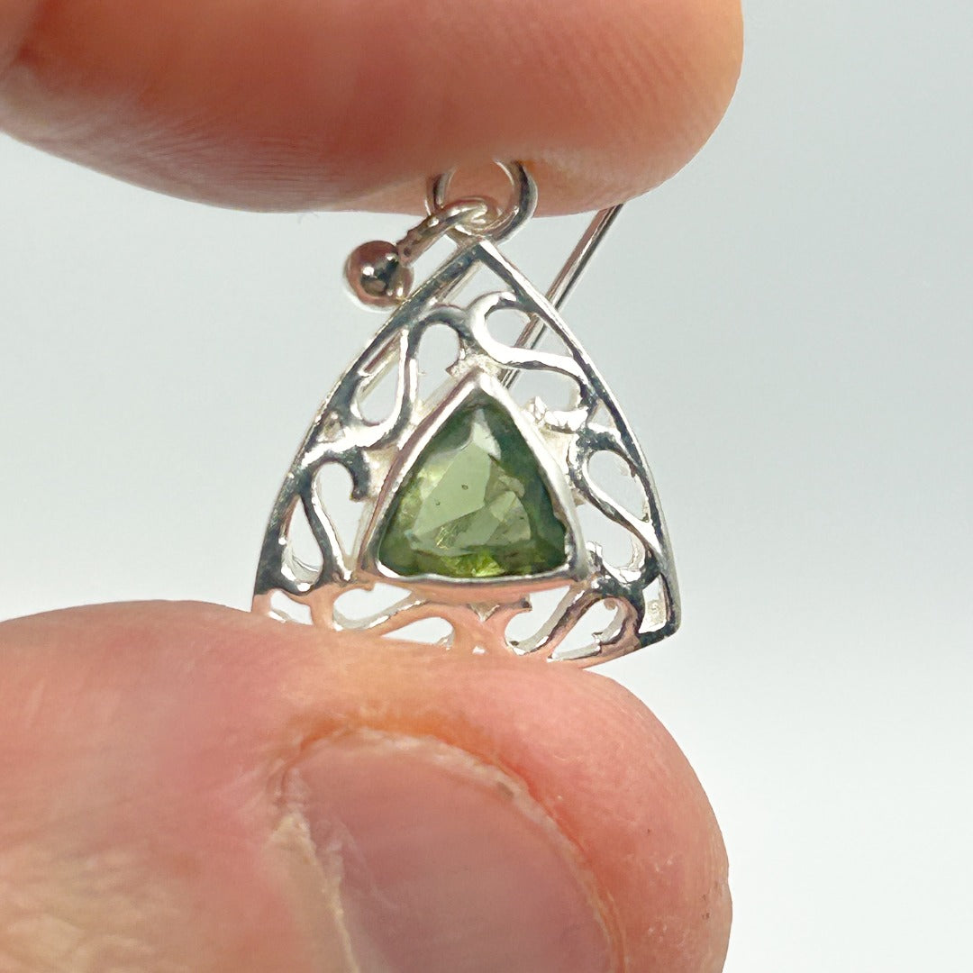Moldavite Faceted Triangle Sterling Silver Earrings  ( ME1)